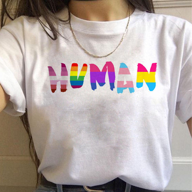 Pride Rainbow Short Sleeve Fun Printed Round Neck Short Sleeved Graphic Print Tee Shirts