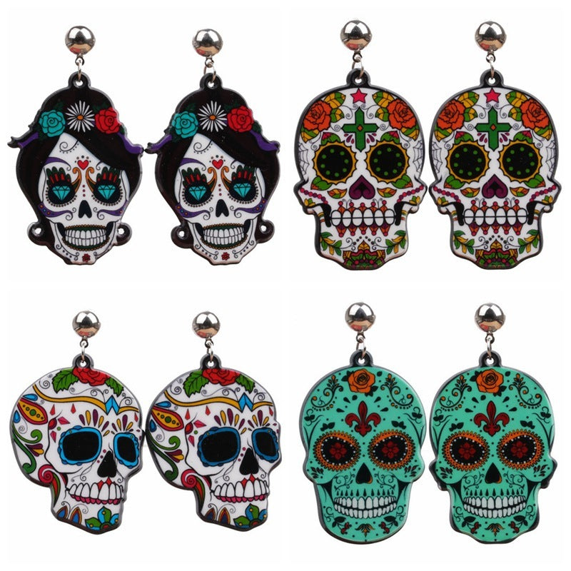 Acrylic Sugar Skull Earrings Various Styles Available Halloween Accessories