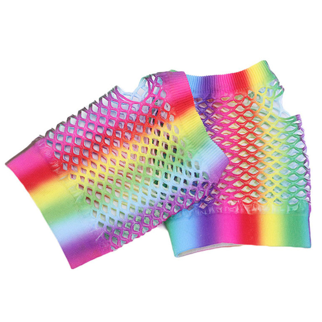 Rainbow Fishnet Short Fingerless Gloves