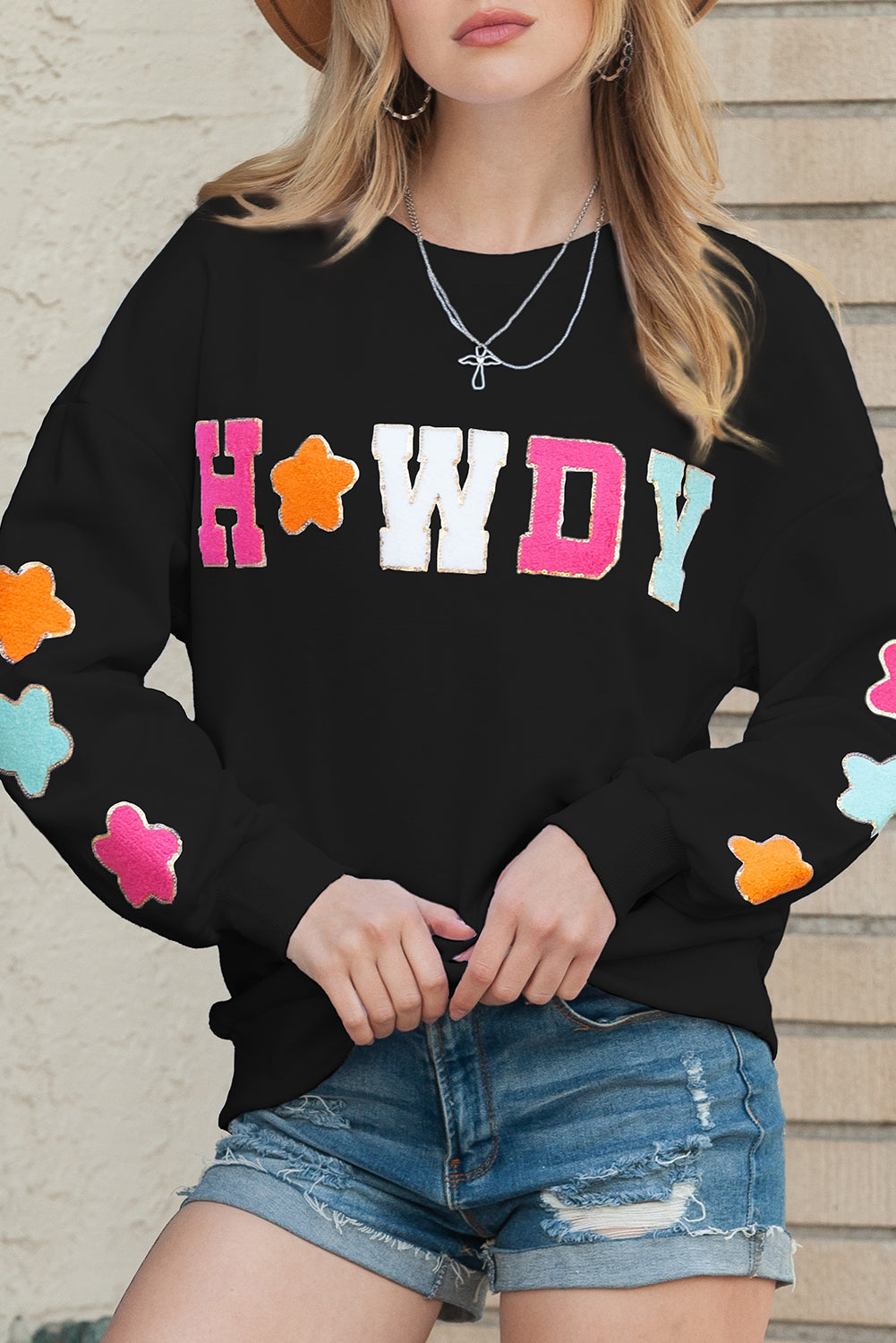 Black Glitter Howdy Patch Casual Star Sweatshirt