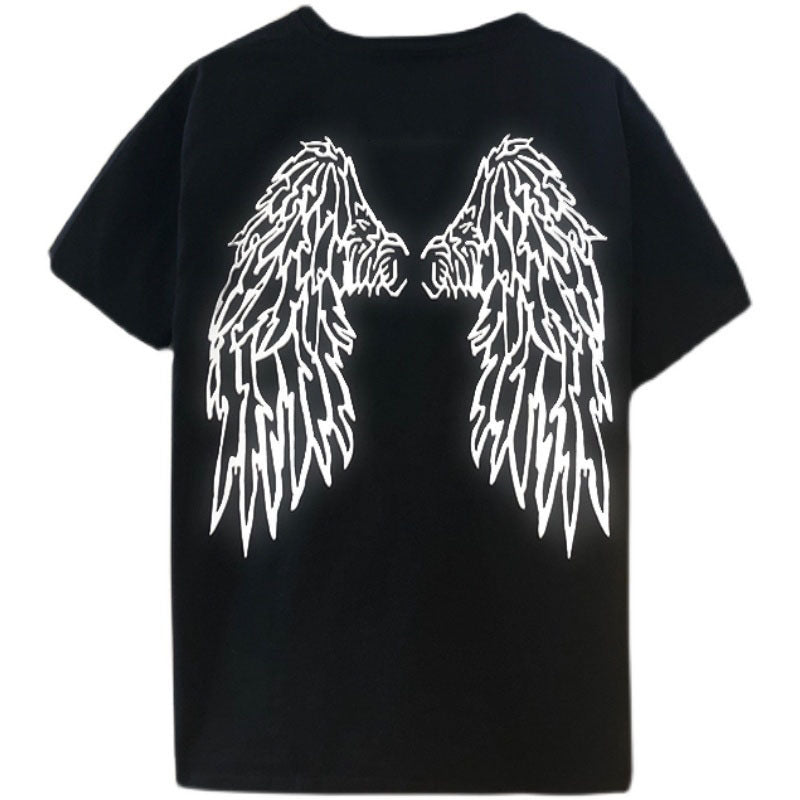 Dark Reflective Angel Wing Short Sleeved Oversized Graphic Printed Tee Shirt