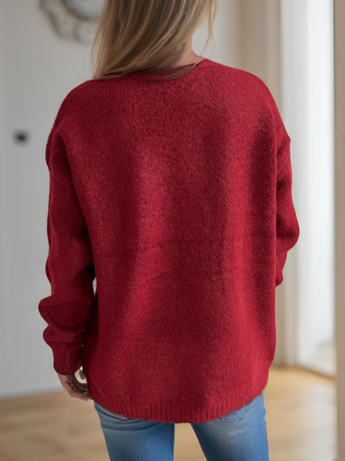 Cherry Print Round Neck Long Sleeve Sweater