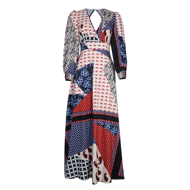 Backless V Neck Patchwork Print Bohemian Maxi Dress