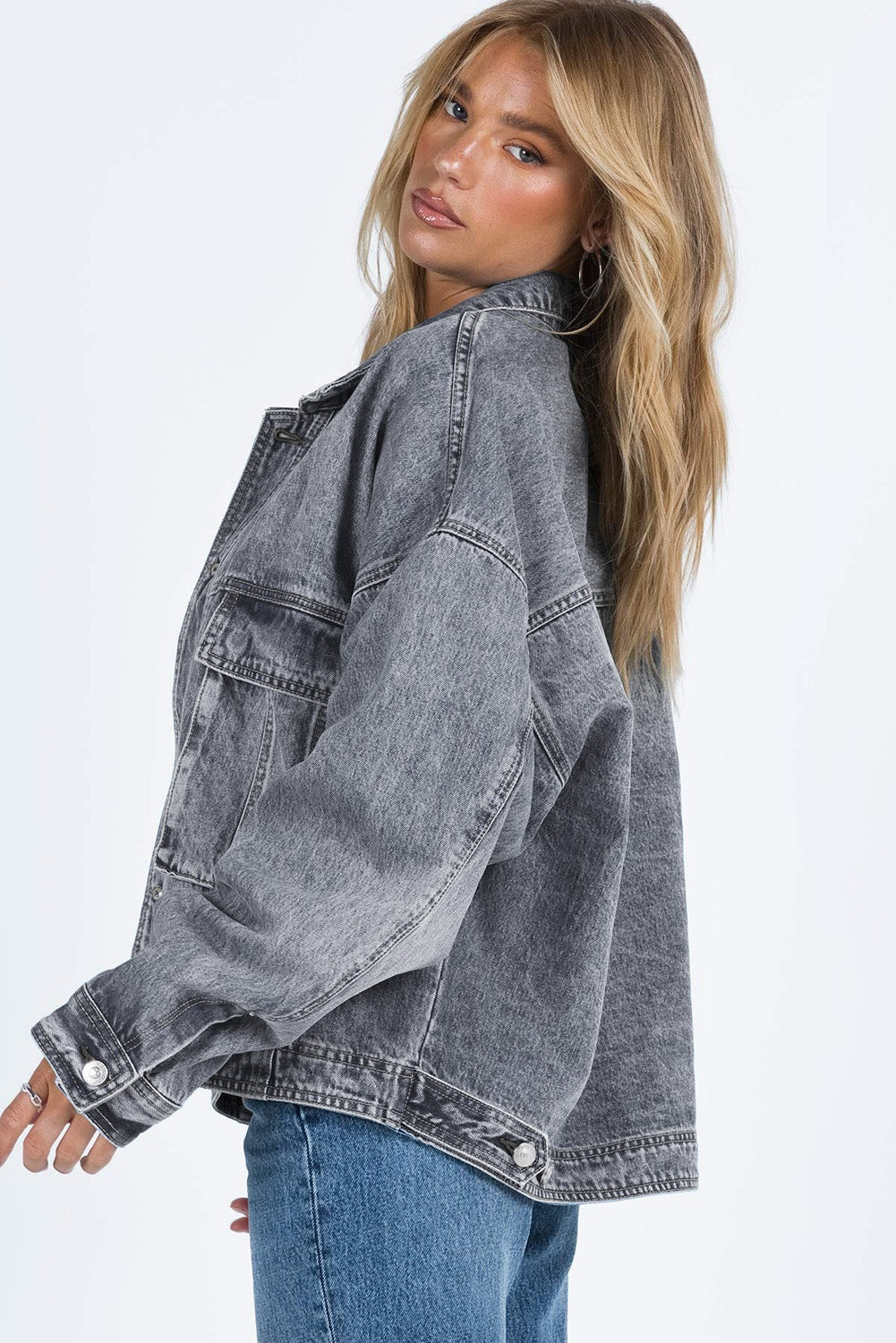 Blue Chest Pockets Drop Shoulder Loose Denim Jacket