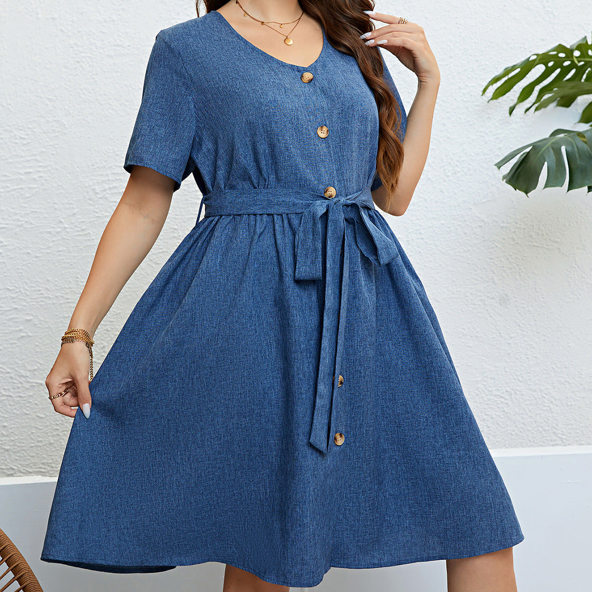 Blue Denim Lace-up Tie At Waist Dress