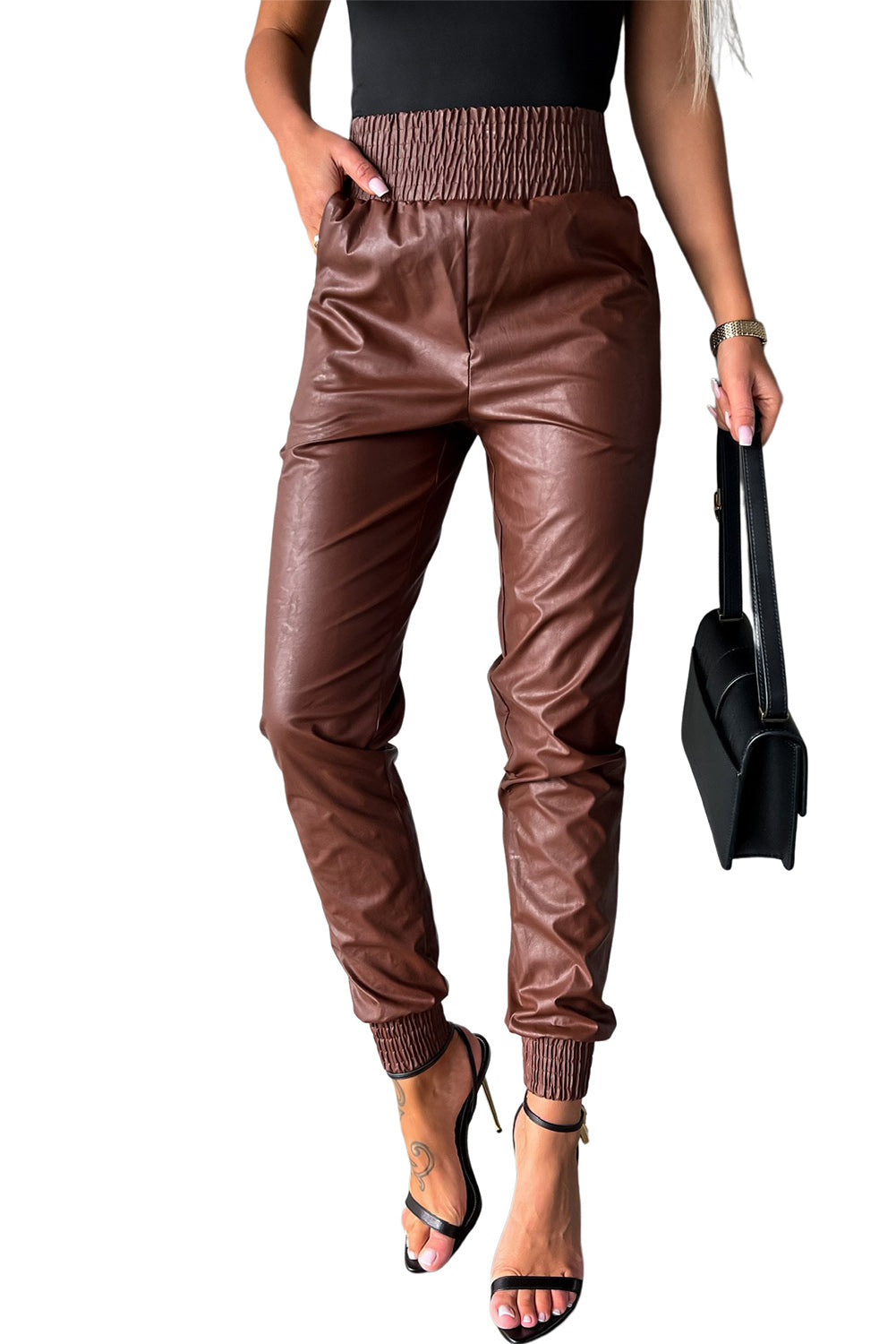 Black Smocked High Waist Leather Skinny Pants