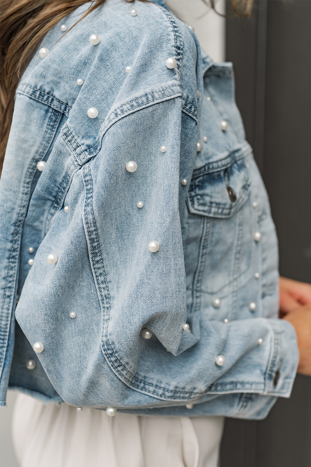 Sky Blue Pearls Beading Cropped Denim Jacket