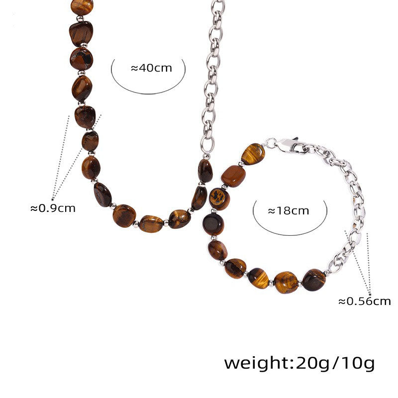 Retro fashion tiger eye stone beads with O-shaped chain design hand jewelry necklace set