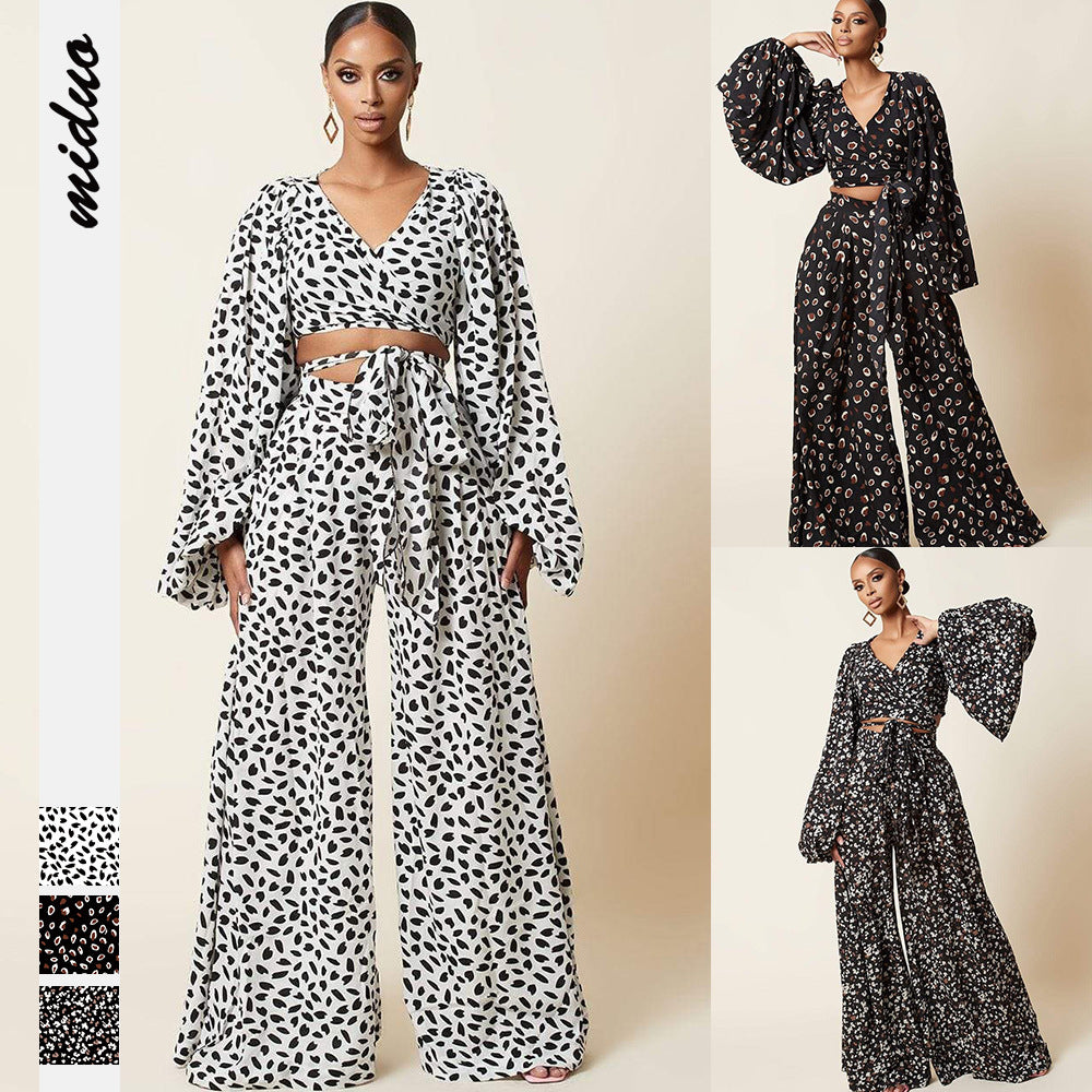 Long Sleeved Tie Around Waist All Over Print Loose Wide-leg Flowy Pants Suit Two Piece Outfit Sets