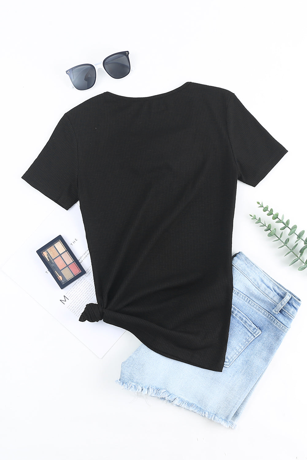 Black Cut Out Twist Casual Rib-Knit T Shirt for Women