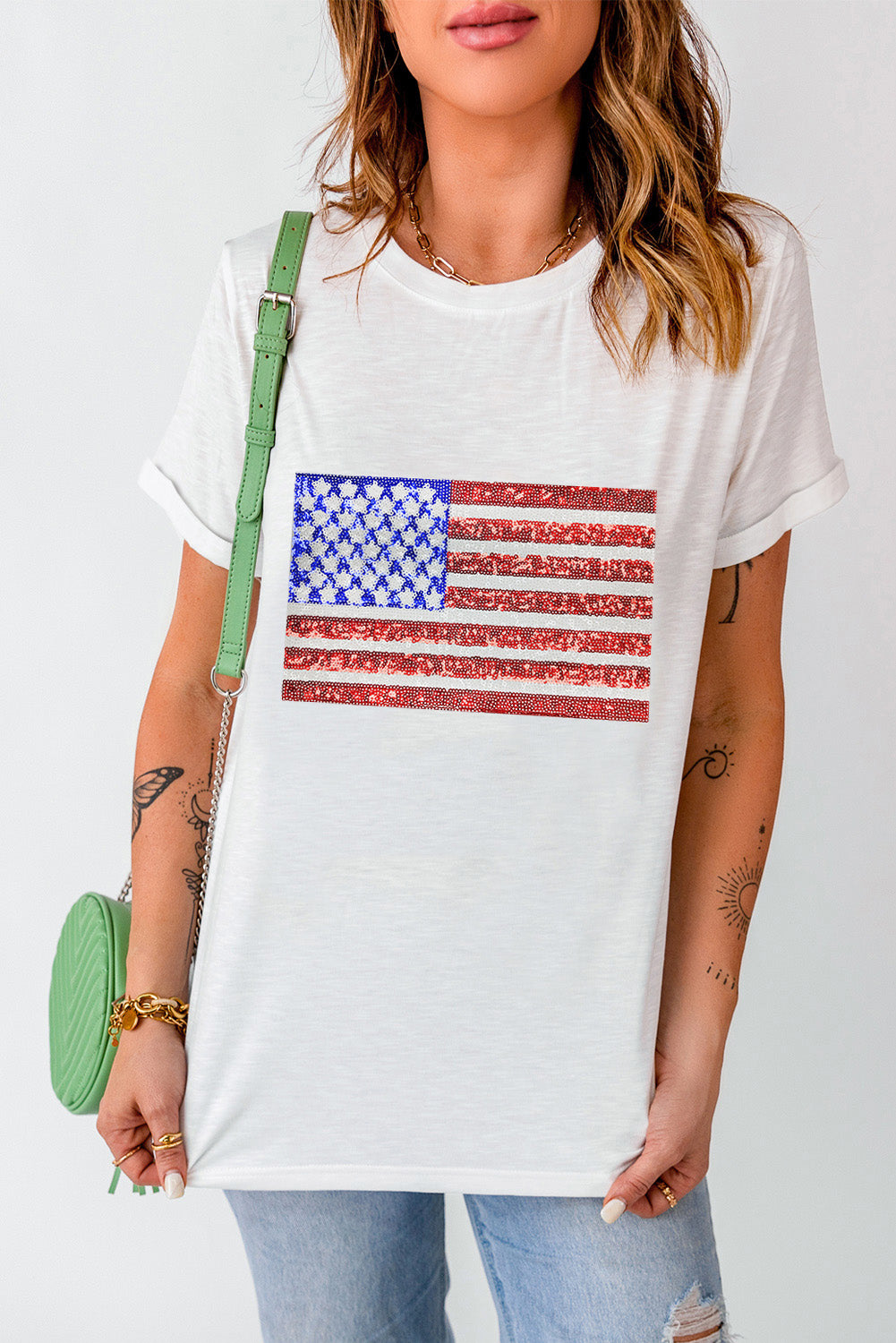 White Shimmery USA Flag Graphic Round Neck Tee