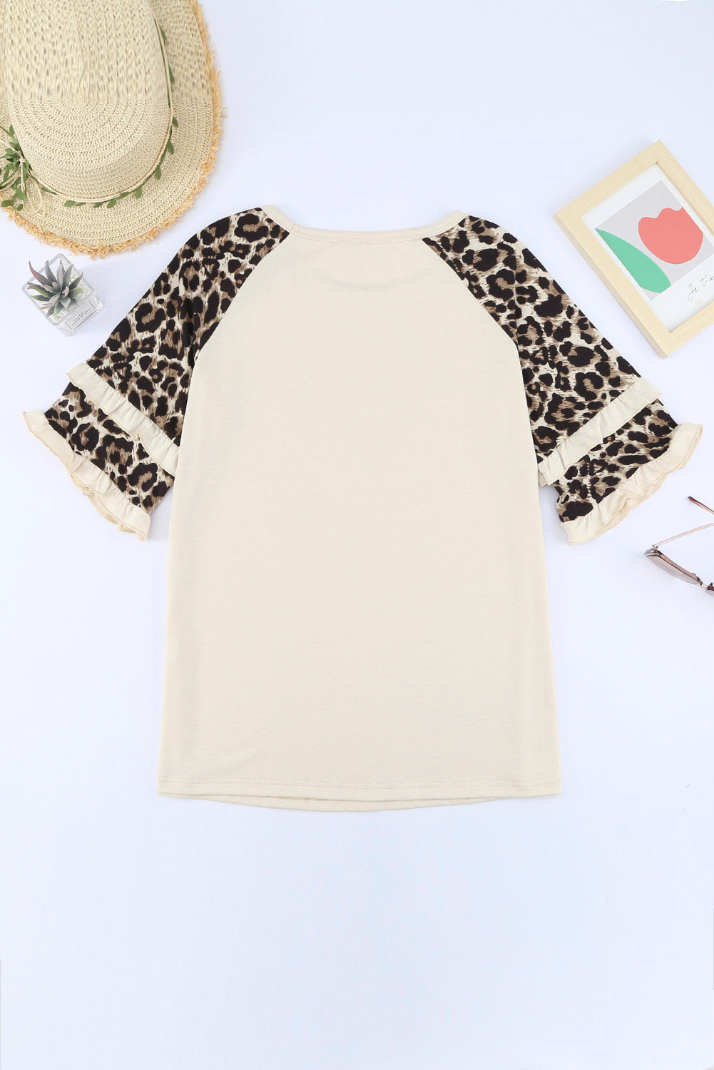 Black Casual Ruffled Leopard Sleeve Patchwork T-Shirt