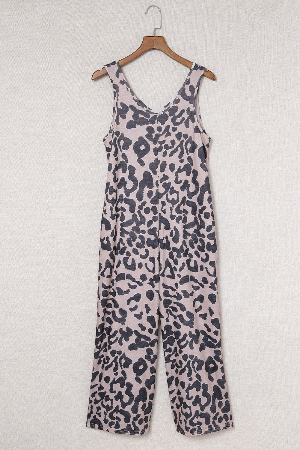 Leopard Print Pockets Sleeveless Wide Leg Jumpsuit