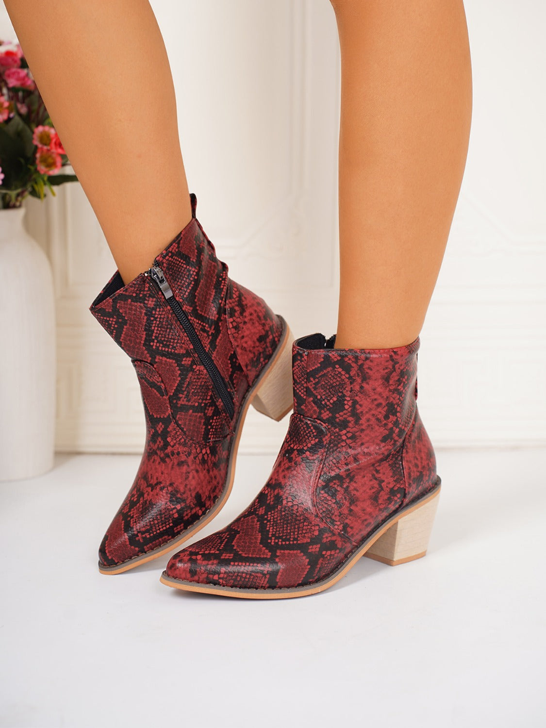 PU Leather Snakeskin Print Block Heel Boots