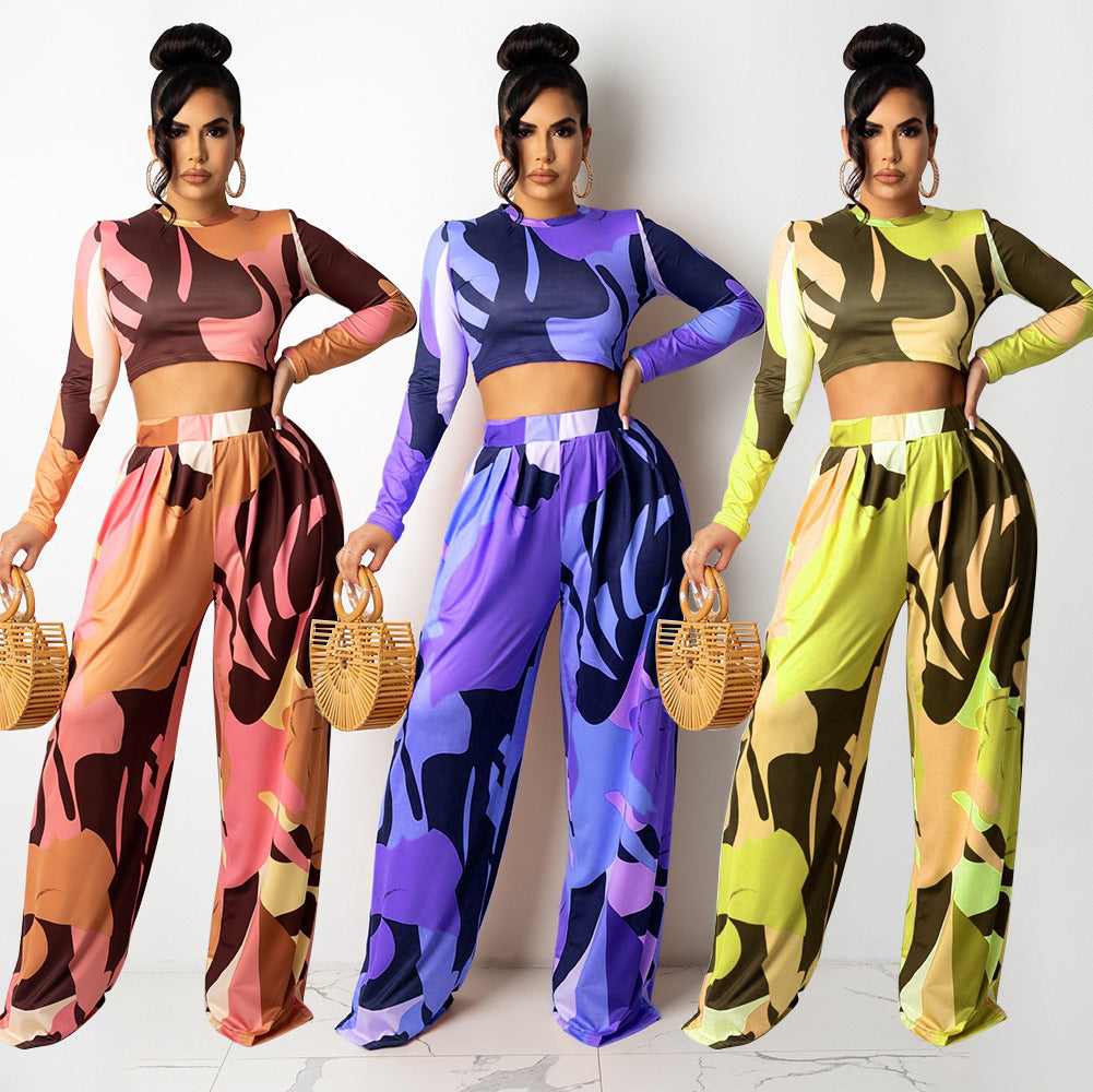 Casual Long-Sleeved Crop Top With Flared Digital Print Pants Two Piece Suit