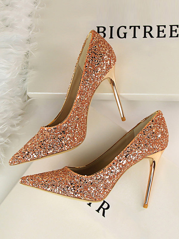 Pointed-Toe Sequined Shallow Cut Pumps