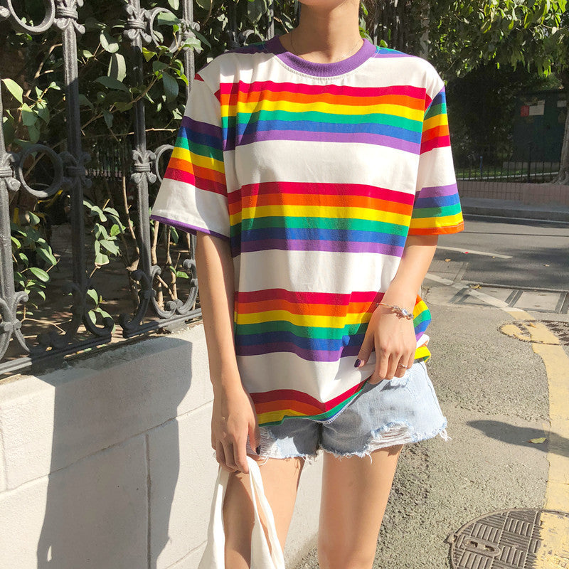 Over The Rainbow Over Sized Horizontal Stripe Printed Short Sleeved Graphic Tee Shirt