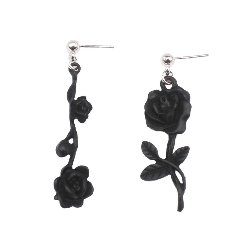 Dark Gothic Style Black Wild Rose Stud Earrings