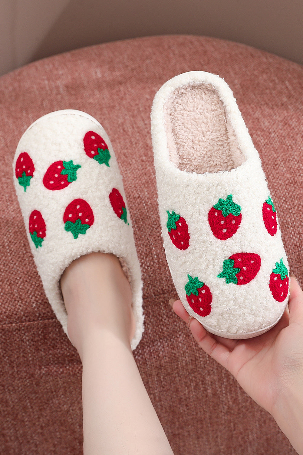 Bright White Cute Fuzzy Strawberry Pattern Home Slippers