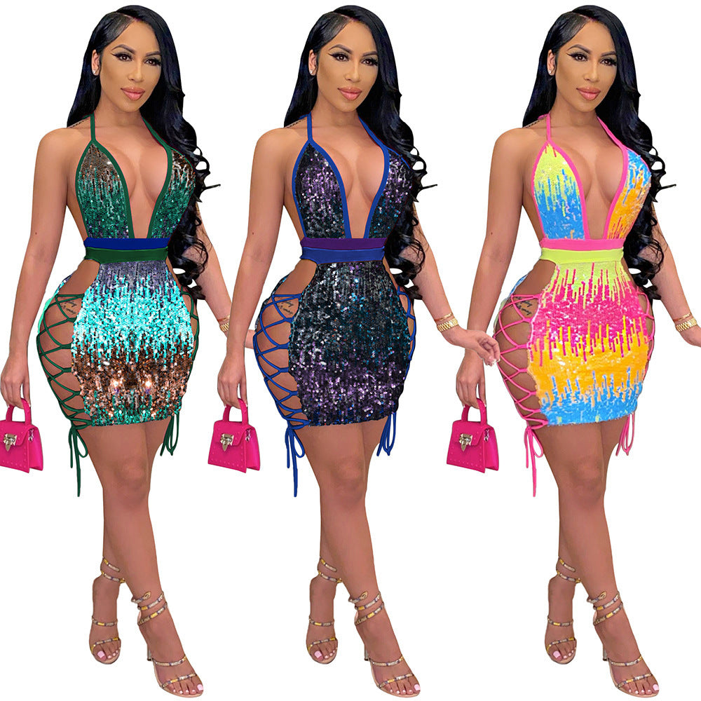 Sexy Halter Back Deep V Neck Sequin Contrast Lace Up Hip Nightclub Fashion Mini Dress