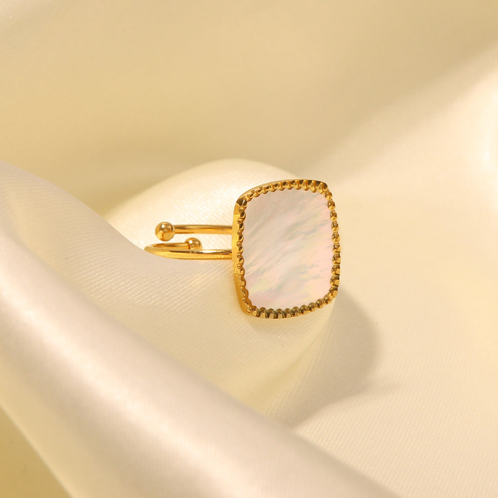 18K Gold Fashion Simple Inlaid White Mother-of-Pearl Open Ring