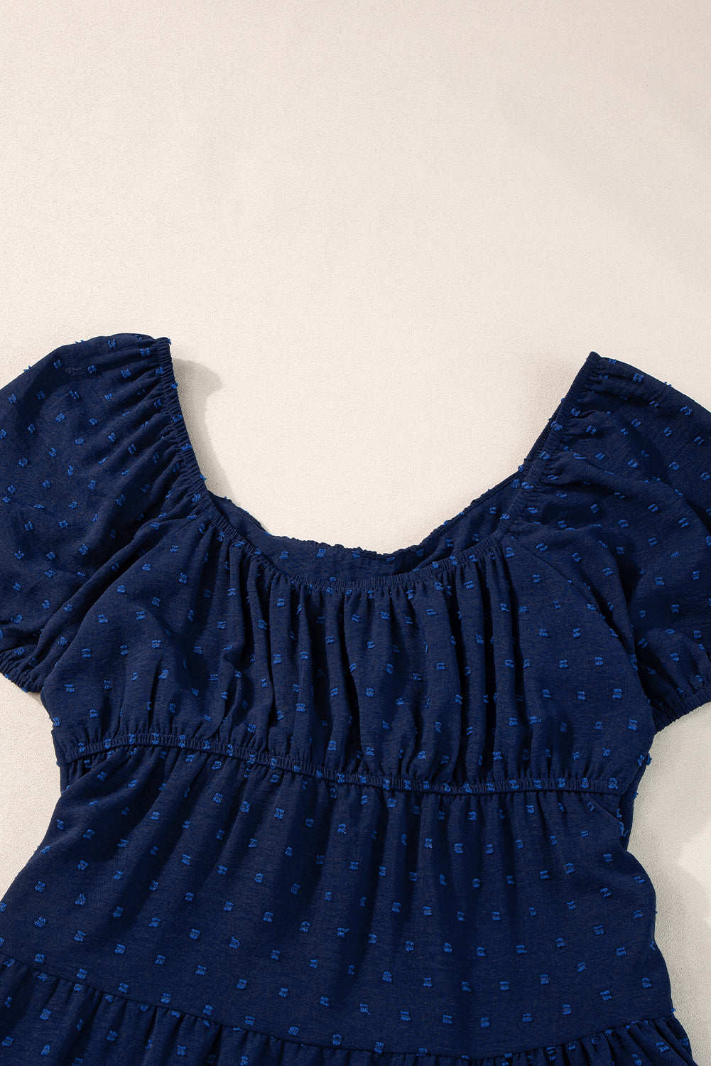 Navy Blue Swiss Dot Jacquard Puff Sleeve Crossover Tied Tiered Dress