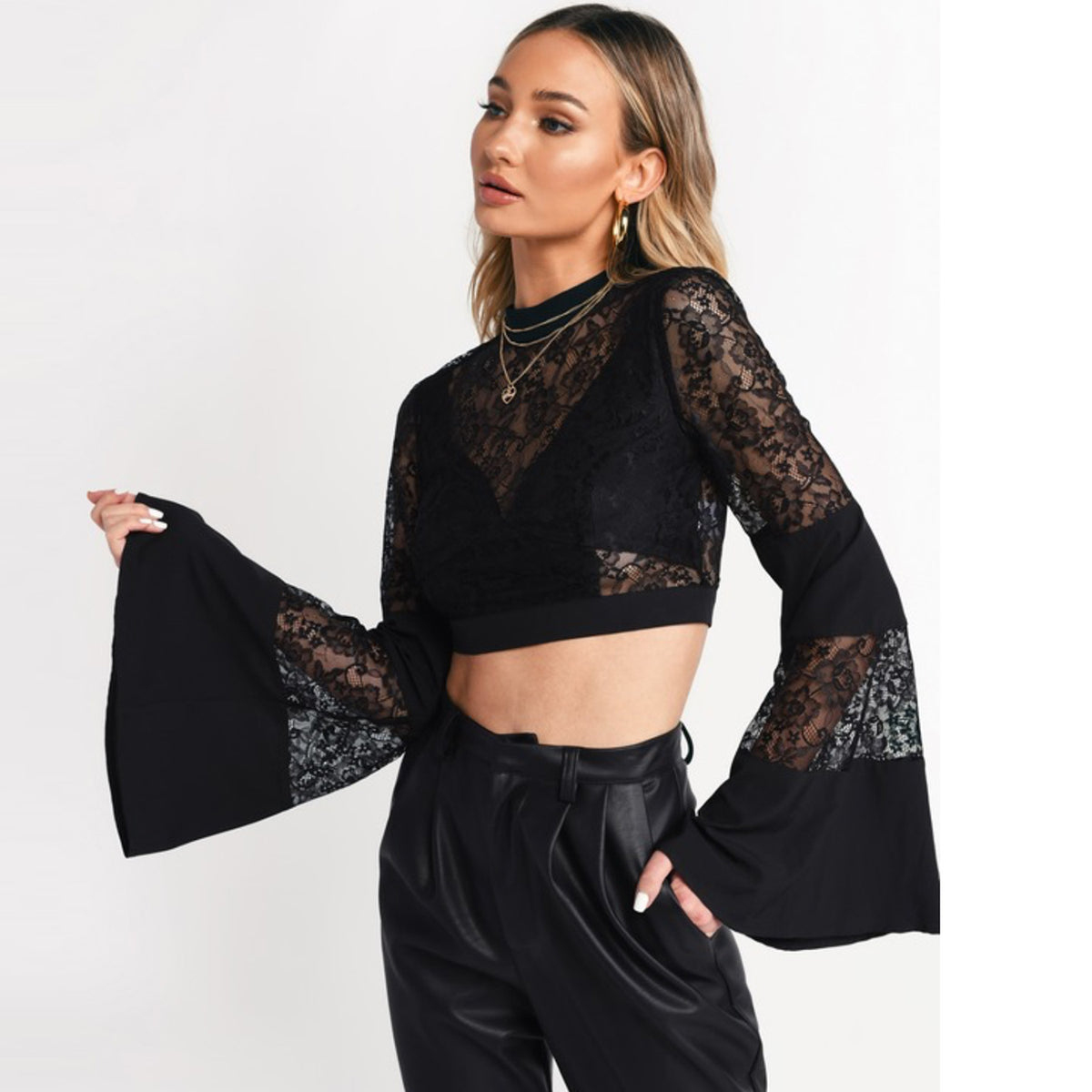 Round Neck Boho Lace Paneled Bell Sleeve Crop Top Festival Fashion