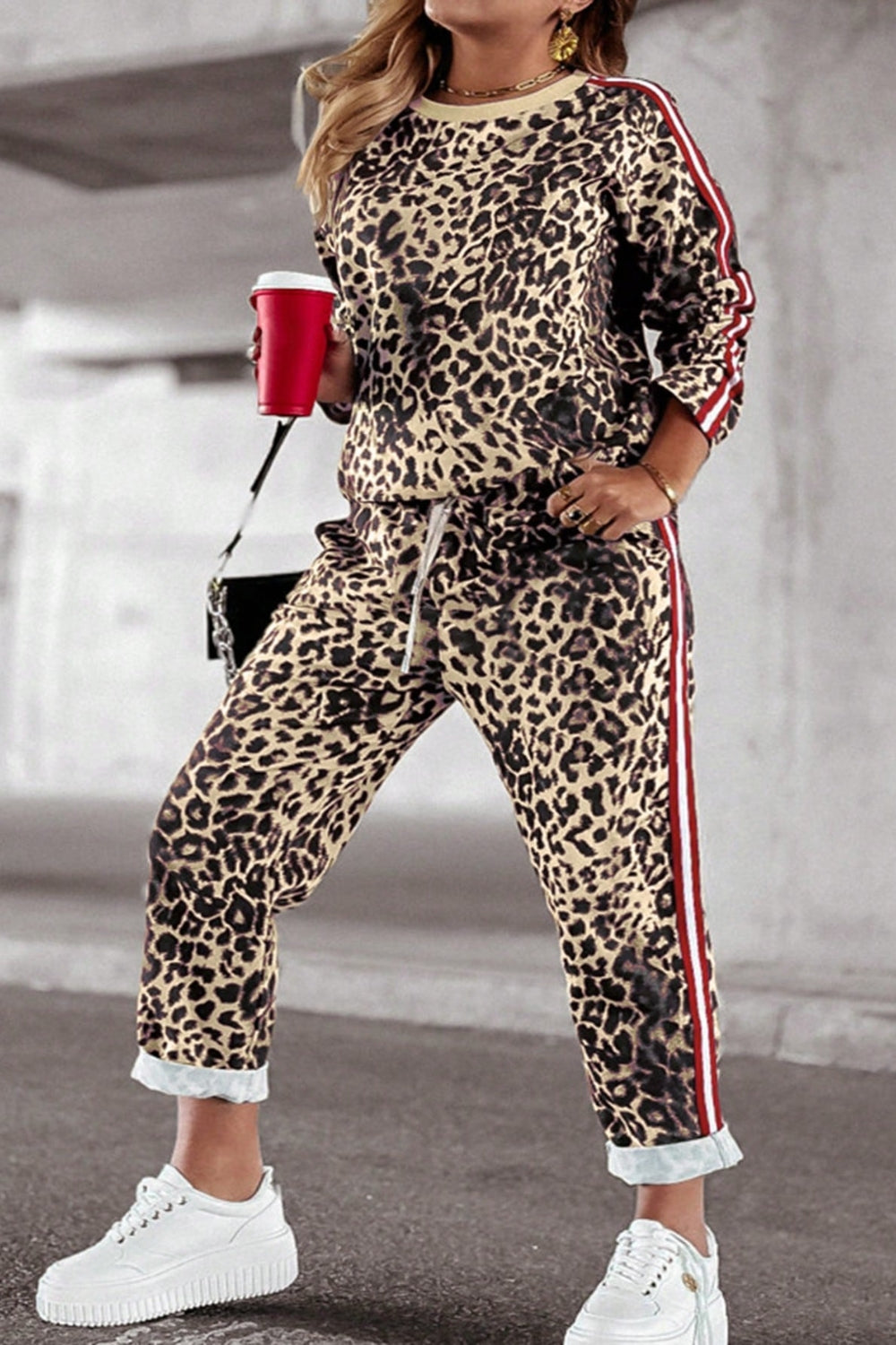 Plus Size Leopard Round Neck Top and Pants Set