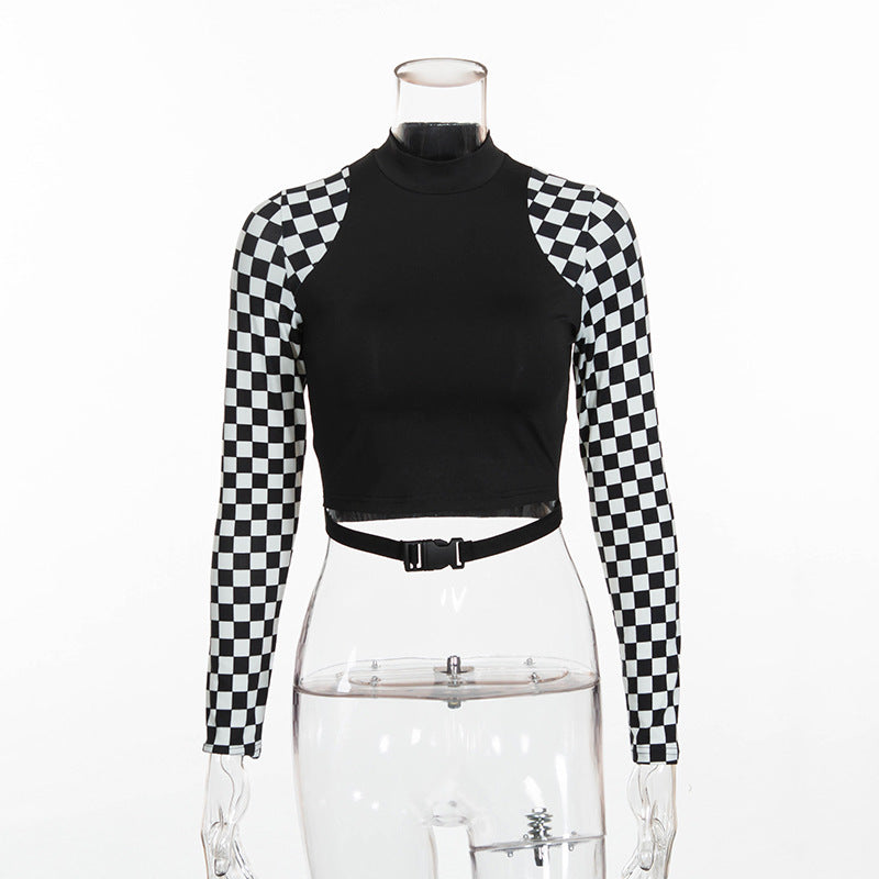 Patchwork Checkerboard Long Sleeve Crop Slim Fit T-Shirt