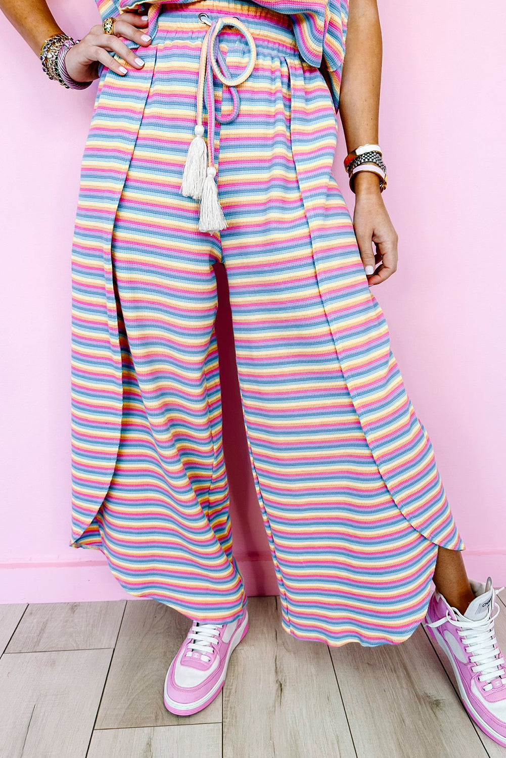 Black Stripe Rainbow Tee and Tassel Drawstring Wide Leg Pants Set