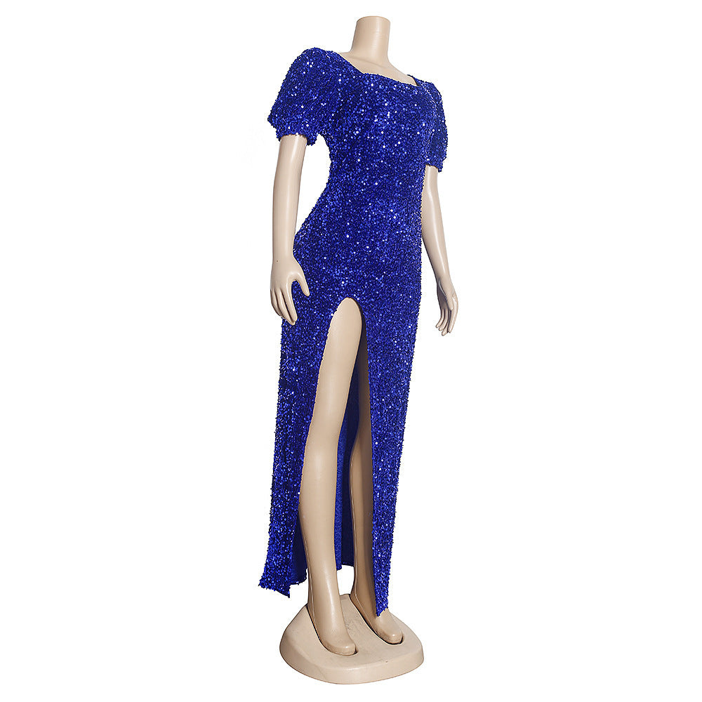 Plus Size Square Neck Ladies Sequin Slim Fit High Split Evening Gown