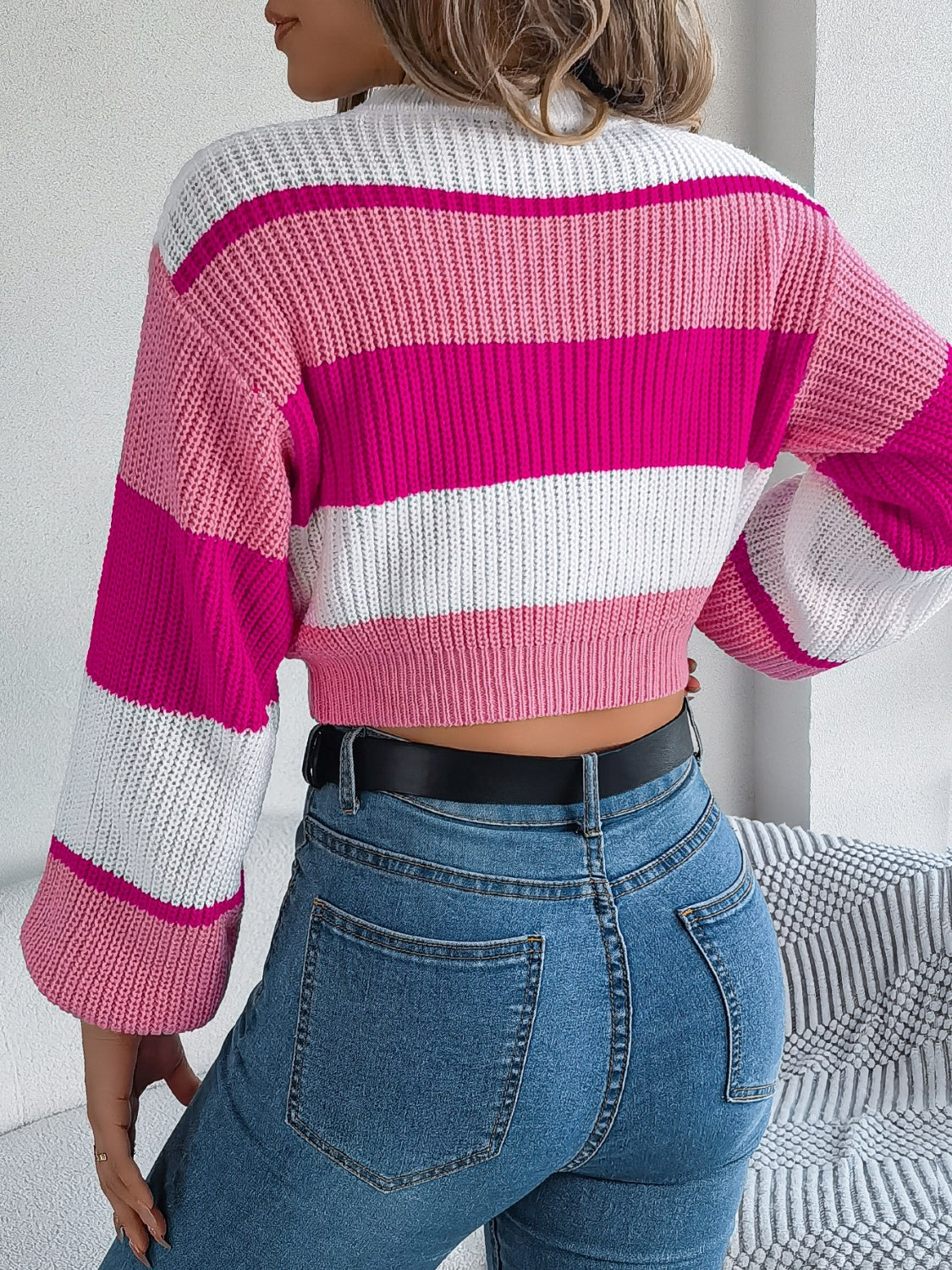 Striped Color Block Round Neck Cropped Sweater