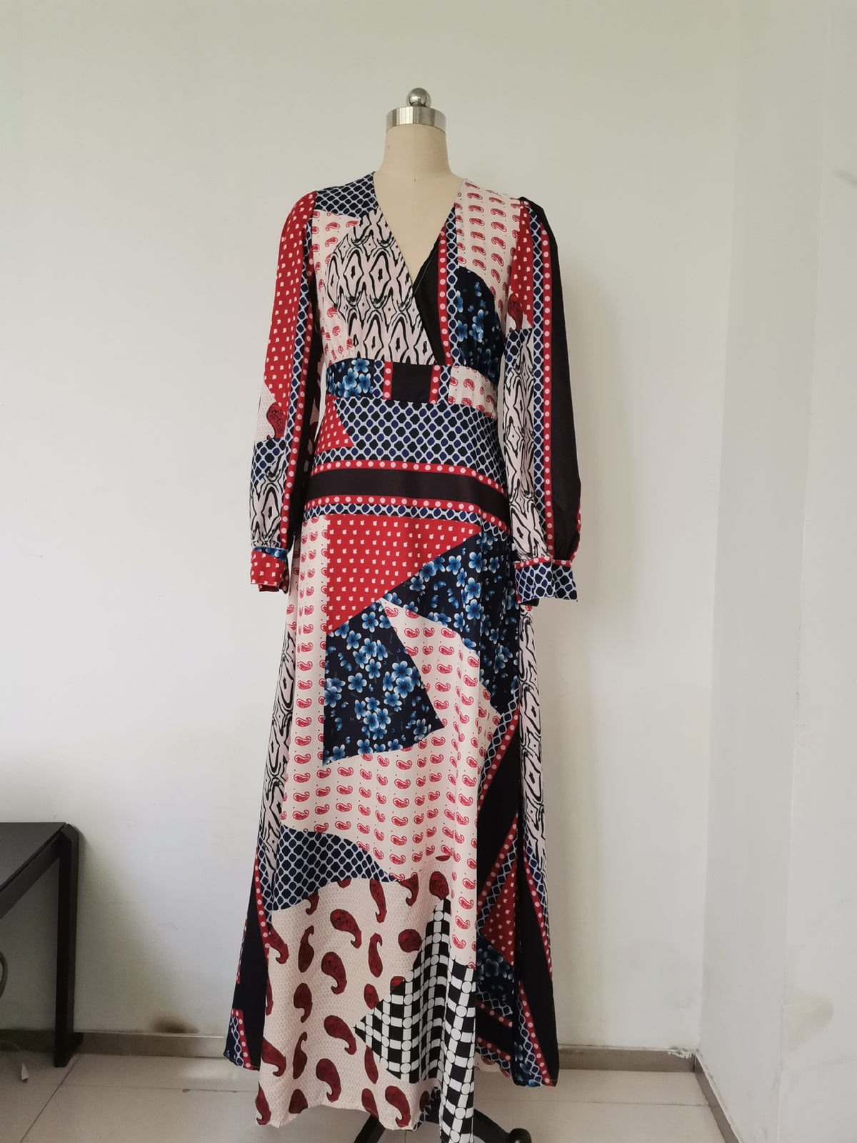 Backless V Neck Patchwork Print Bohemian Maxi Dress