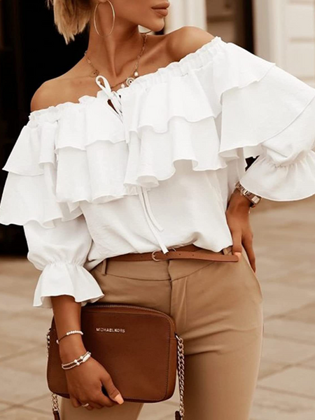 Off Shoulder Tie-Front Ruffle Blouse H6ACEE8PSH