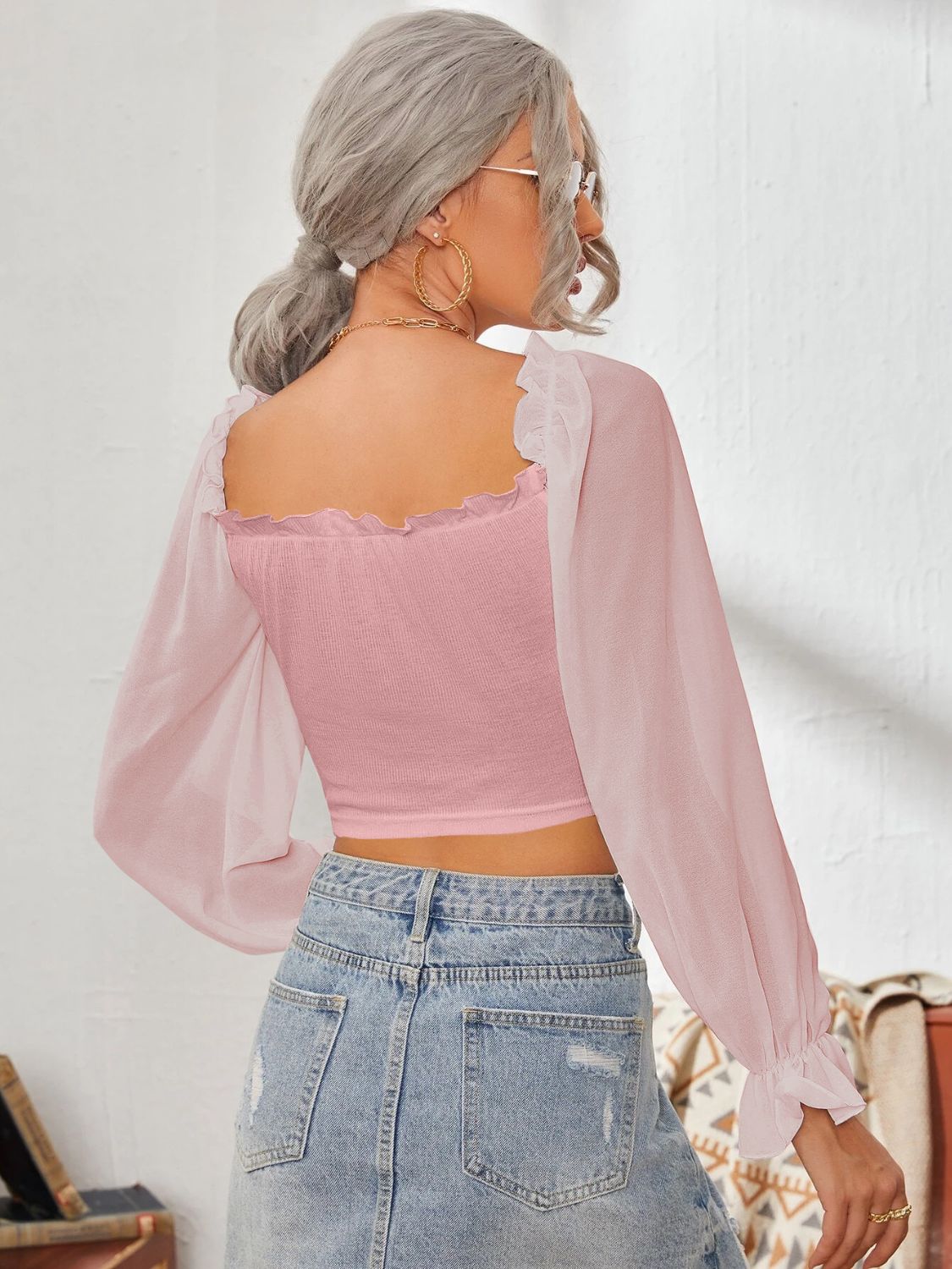 Mesh Sweetheart Neck Flounce Sleeve Top | Elegant Women’s Sheer Blouse