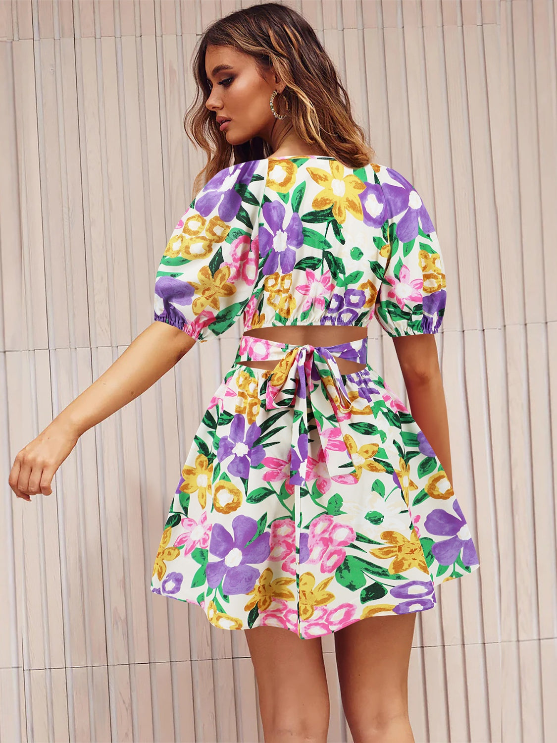 Bright Floral Printed V Neck Pleated Boho Short Sleeve Dress