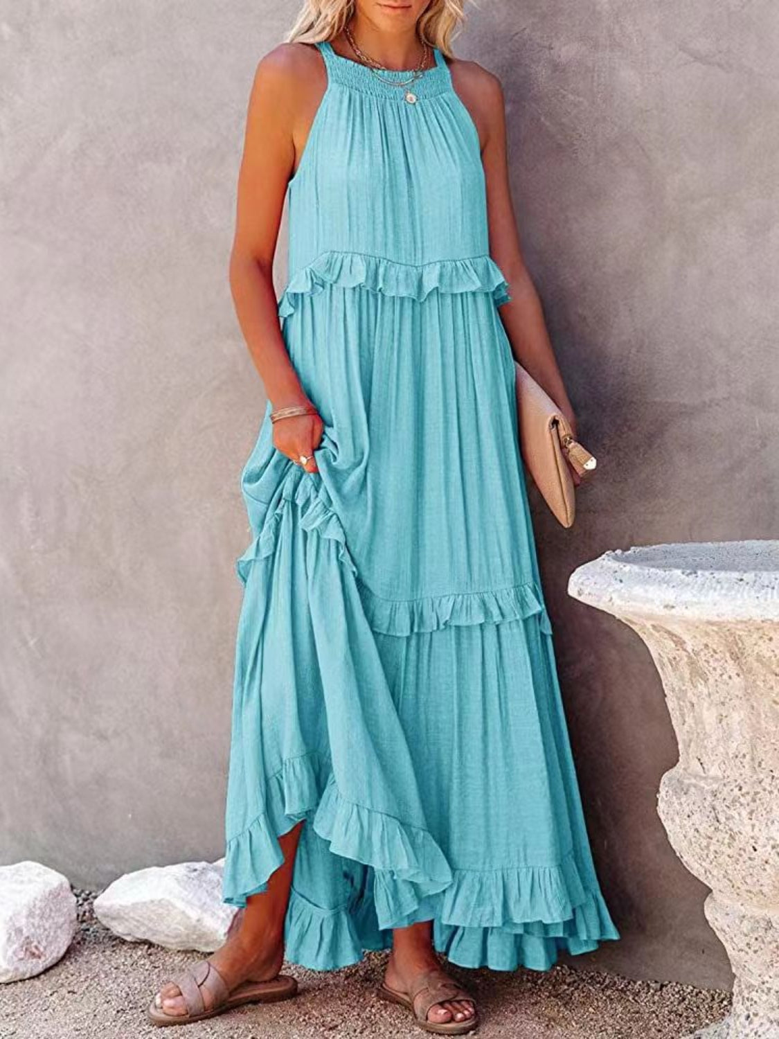 Ruffled Sleeveless Maxi Dress with Pockets