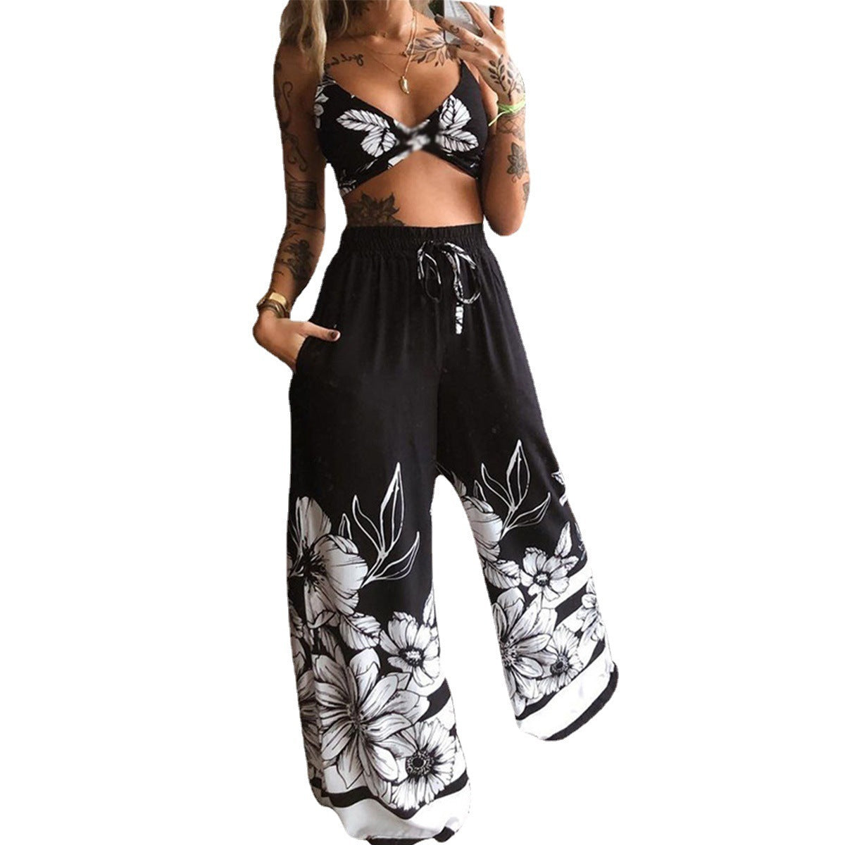 Printed Tube Bikini Top Loose Wide Leg Pants Casual Outfit Two-piece Set