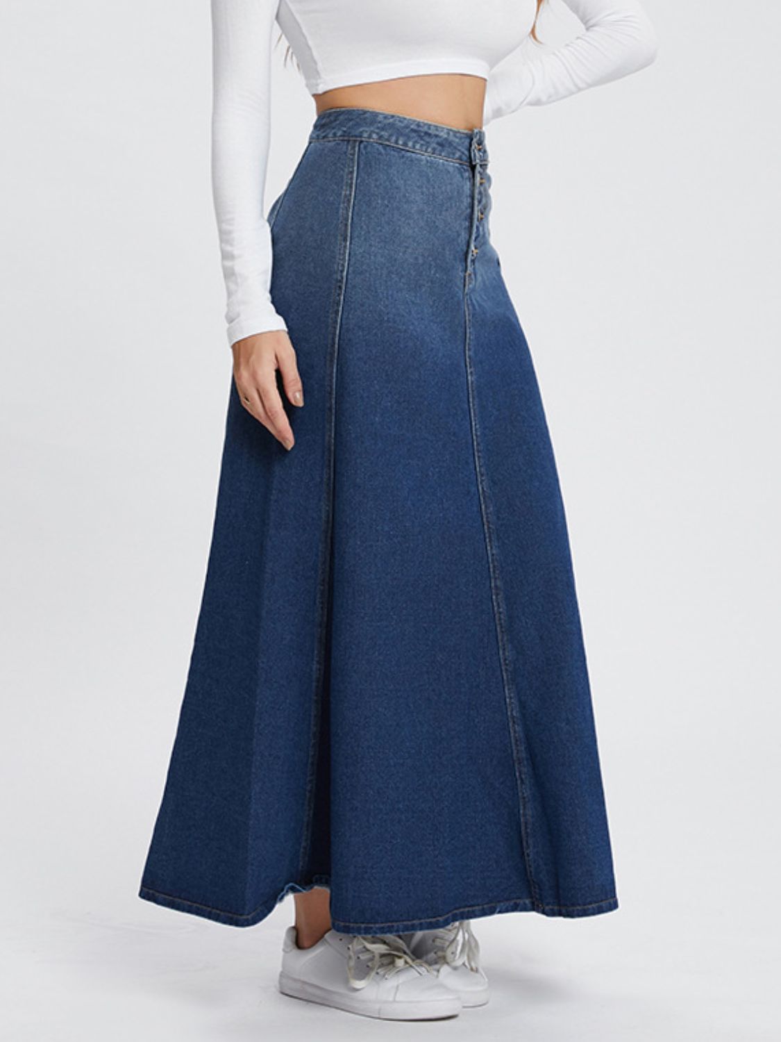 Button-Fly Hight Rise Flare Denim Maxi Skirt