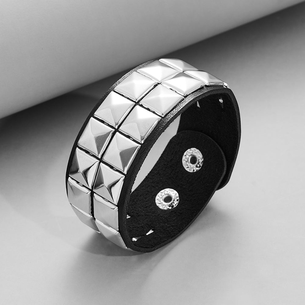 Rowed Rivet Stud Wide Cuff Leather Punk Gothic Rock Unisex Bangle Bracelet