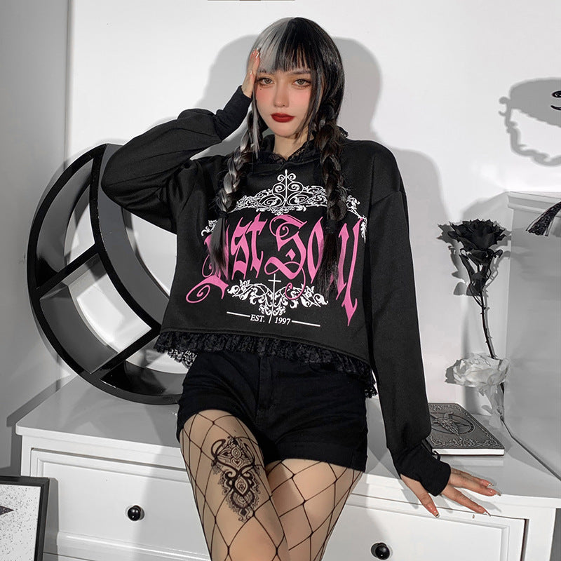 Women's Lost Soul Lace Trimmed Hooded Trendy Pastel Goth Printed Sweatshirt