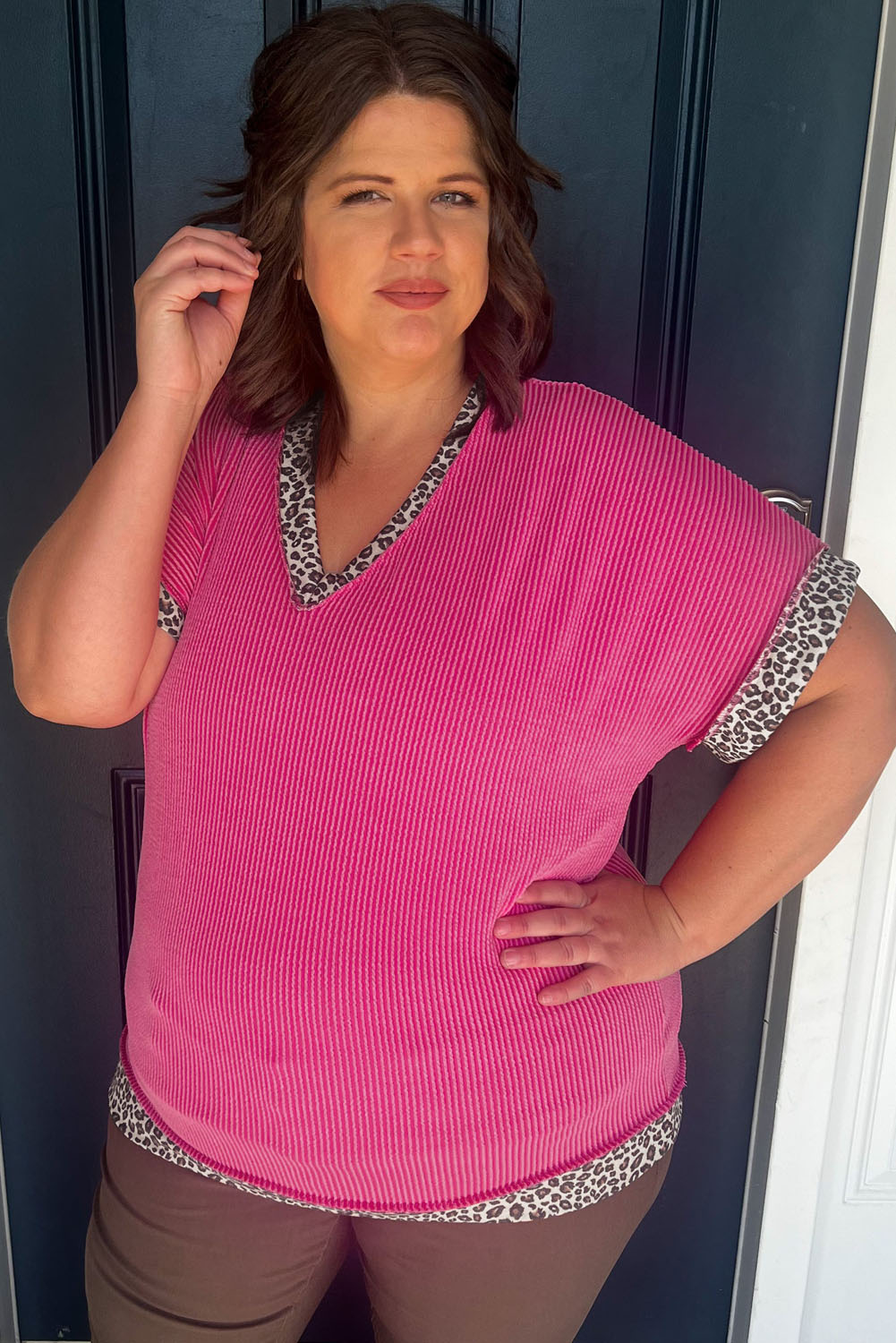 Rose Red Leopard Trim V Neck Short Sleeve Plus Size Corded Top