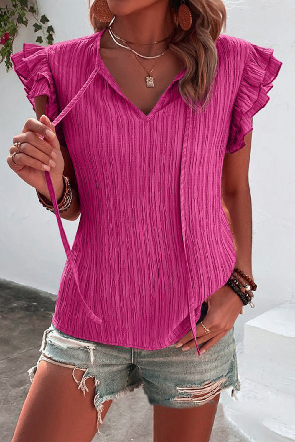 Black Textured Ruffled Sleeve V Neck Top