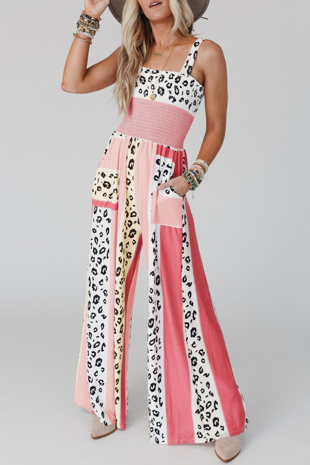 Pink Leopard Color Block Patchwork Strap Jumpsuit