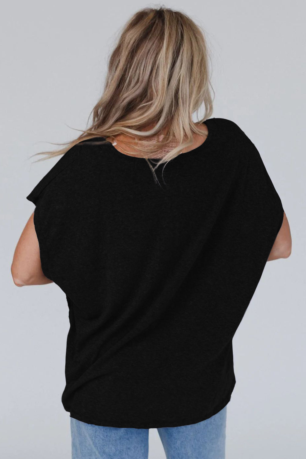 Black Crochet Lace Detail Batwing Sleeve Oversized Tee