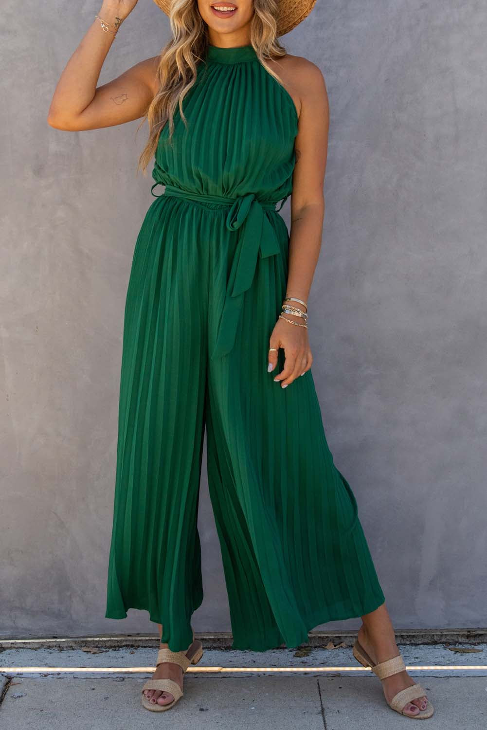 Black Halter Neck Pleated Wide Leg Jumpsuit with Belt