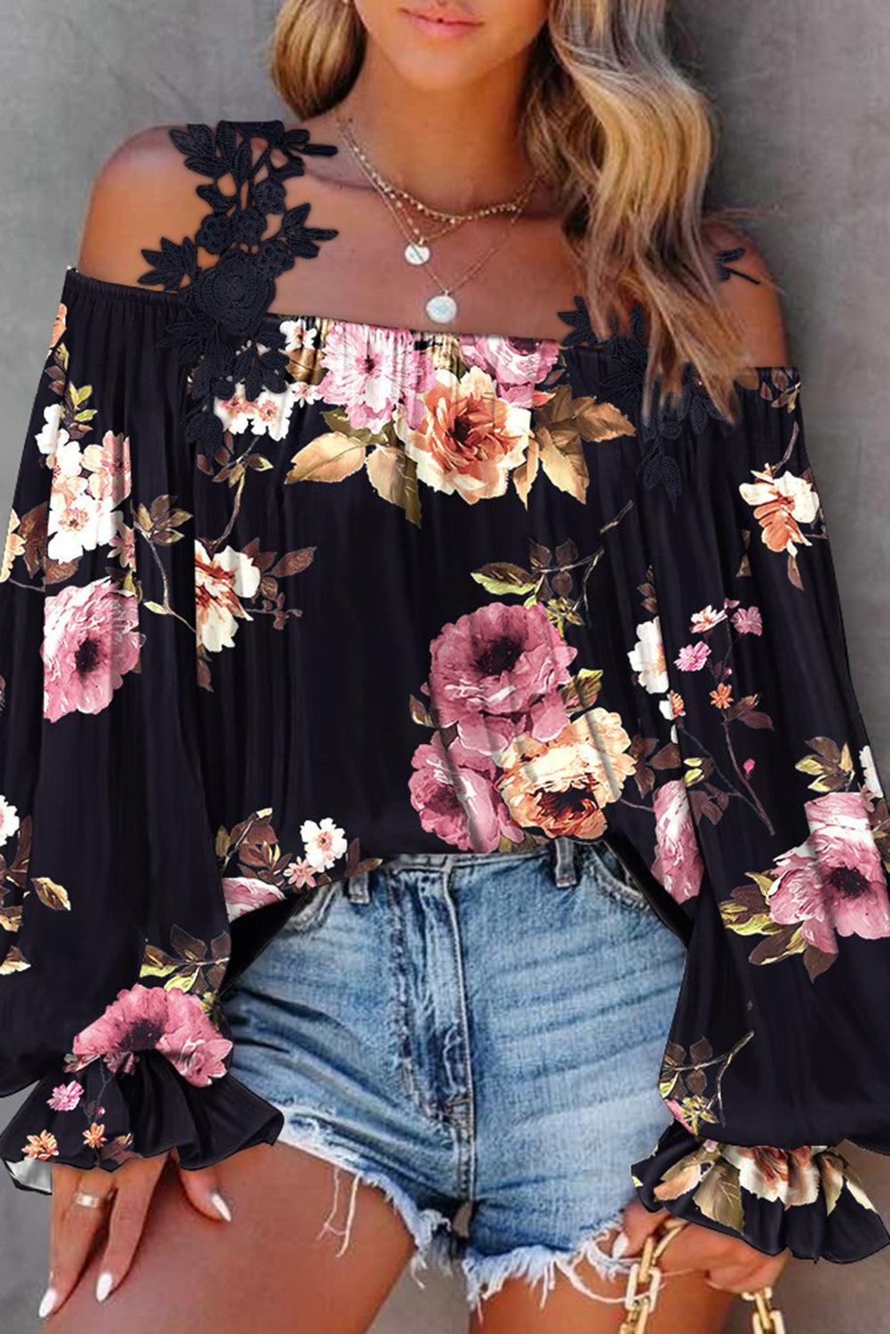 Black Floral Print Lace Patchwork Loose Off Shoulder Blouse