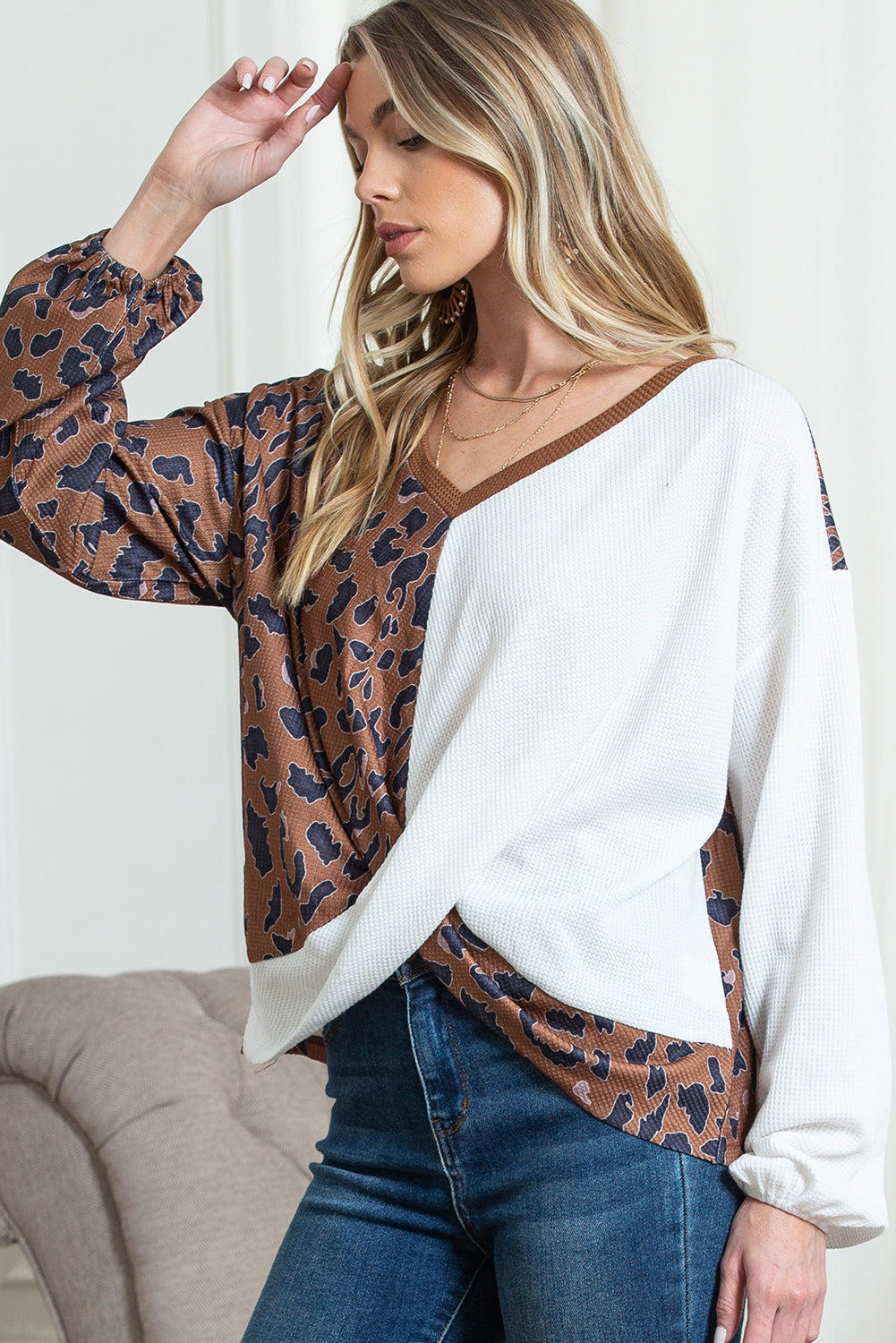 Brown Leopard and Waffle Knit Patchwork Long Sleeve Top