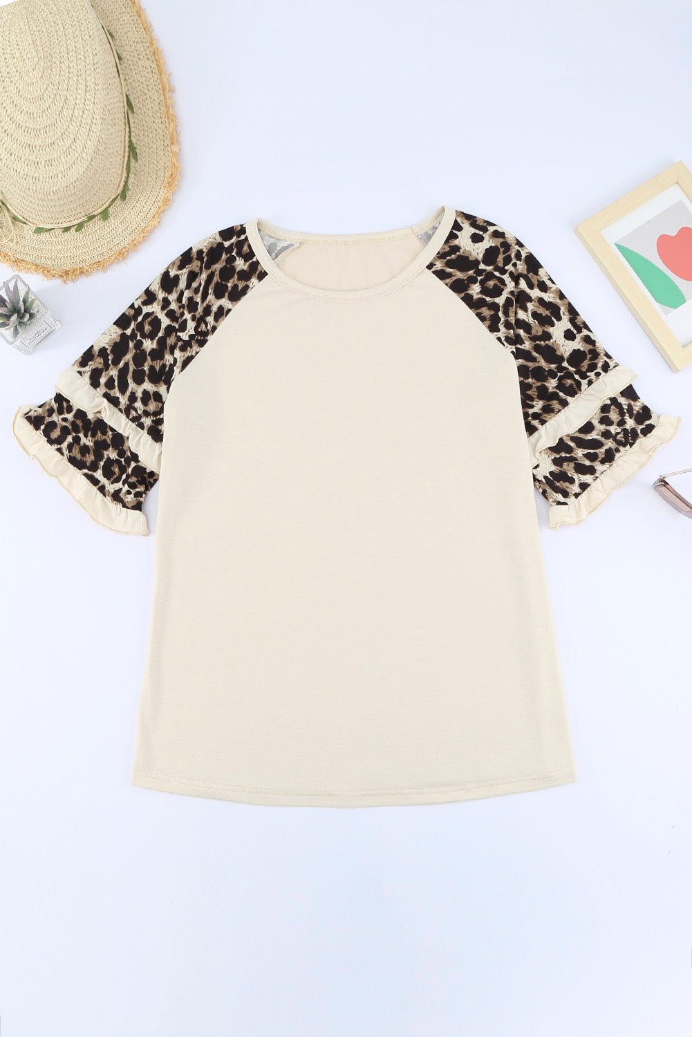 Black Casual Ruffled Leopard Sleeve Patchwork T-Shirt