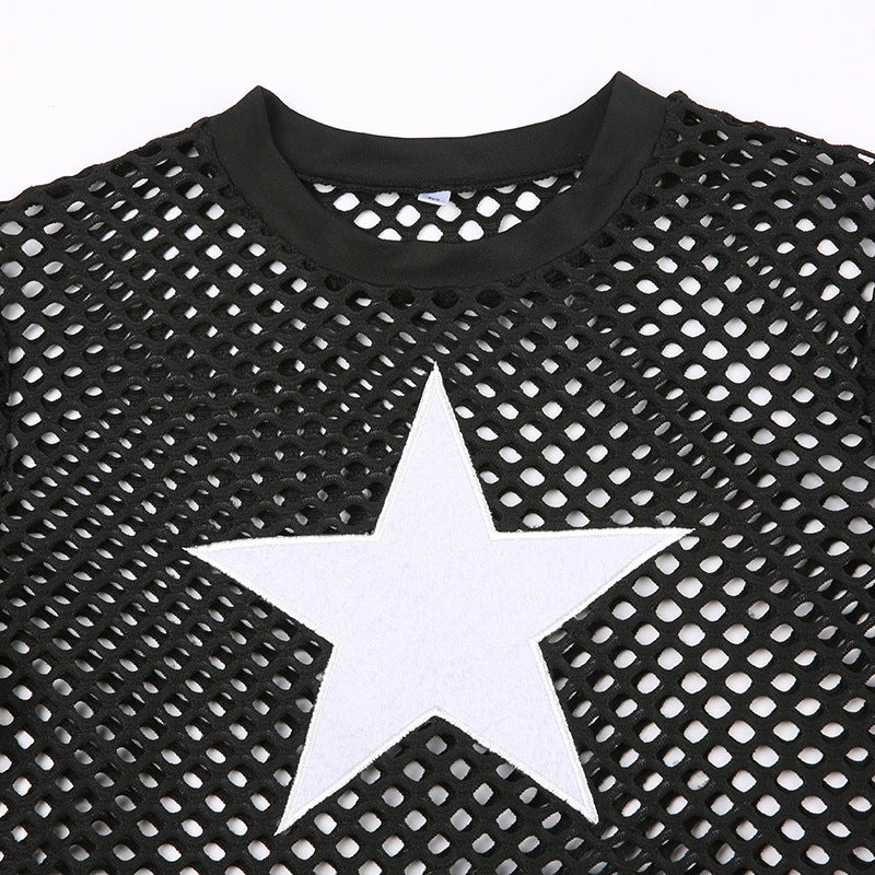 Hollow Mesh Star Long Sleeved Cropped Top Vintage Top